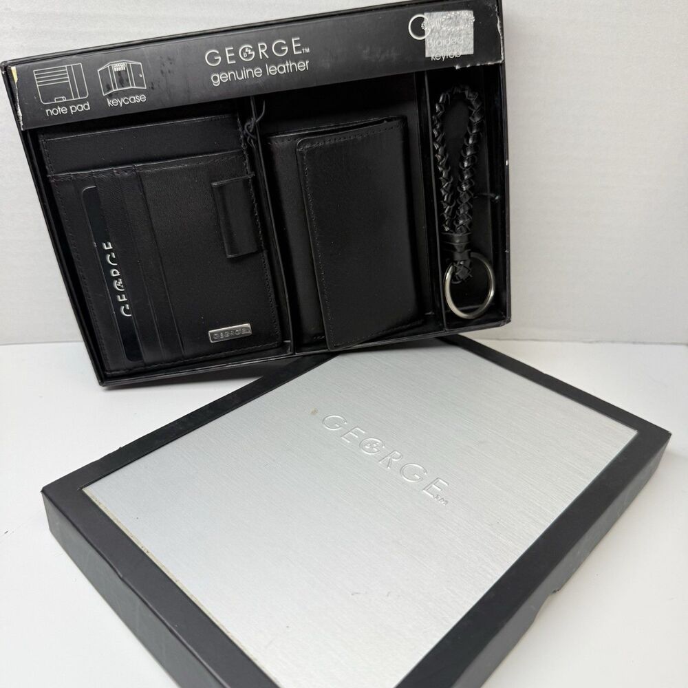 GEORGE Genuine Leather Note Pad Cardholder Key Case Braided Keyfob Gift Set New